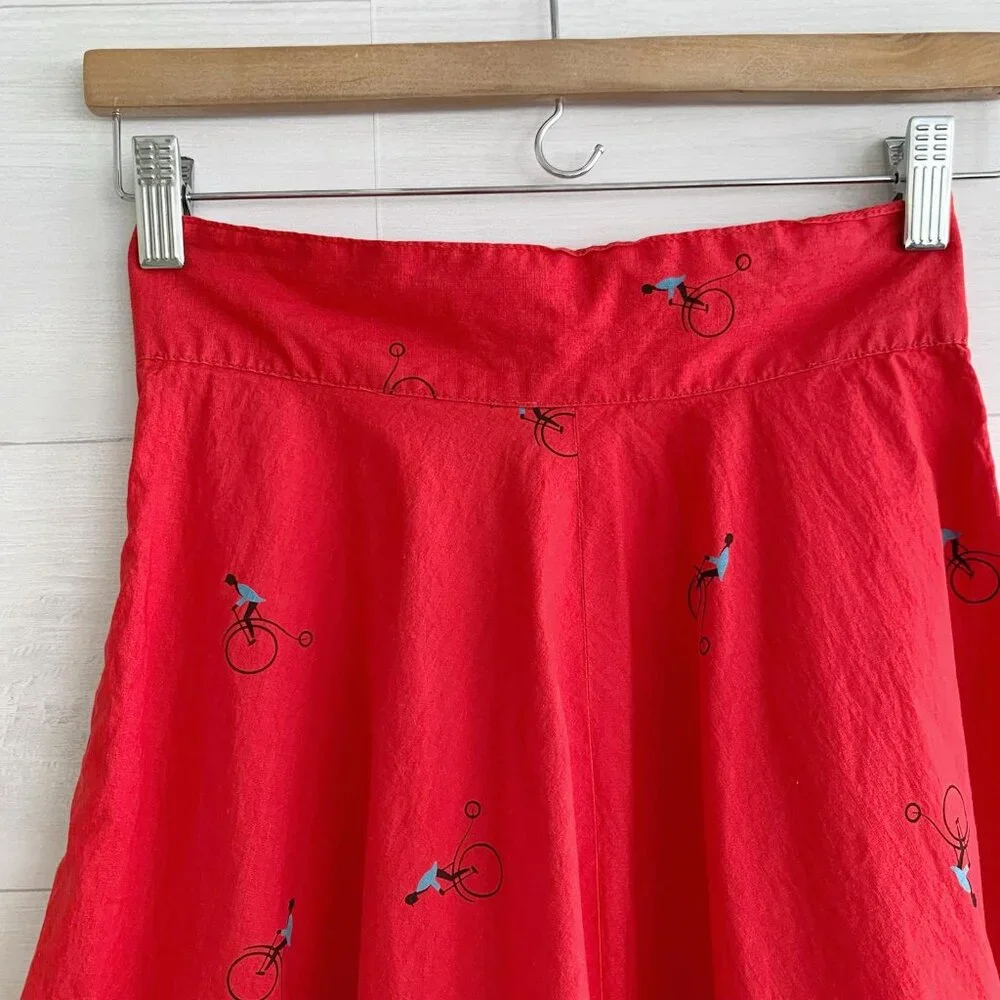 Vintage Handmade Red bicycle ruffled hem full cotton midi skirt, XS - Picture 3 of 8